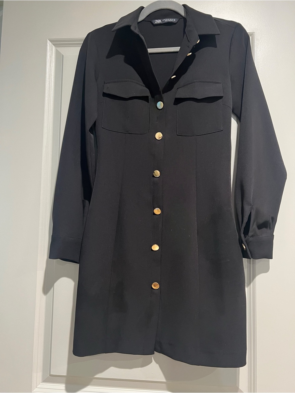 Zara Black Long-Sleeve Shirt Dress with Gold Buttons